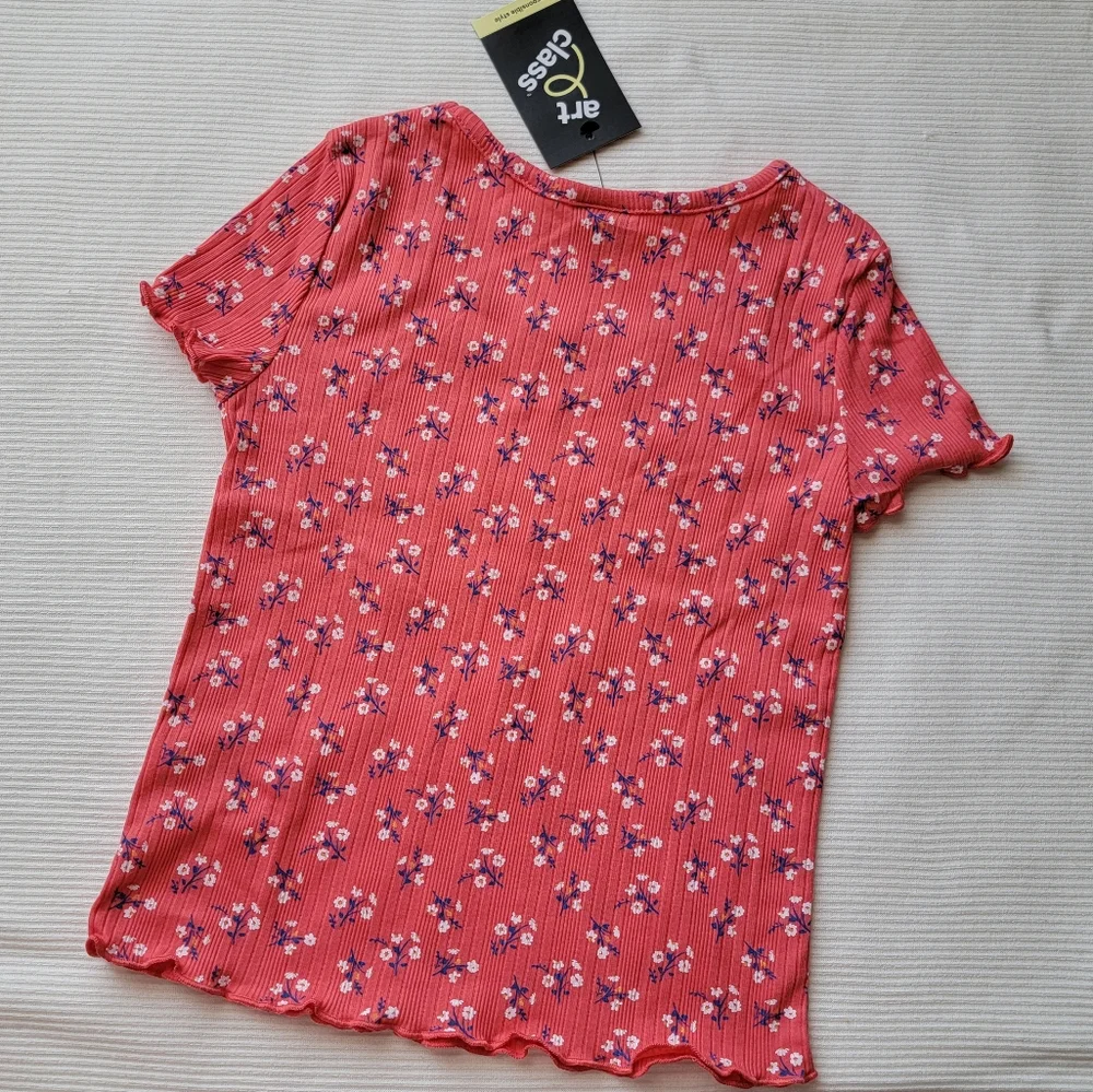 Floral Short Sleeve T-Shirt Ribbed Stripes Red Coral Daisy | Art Class